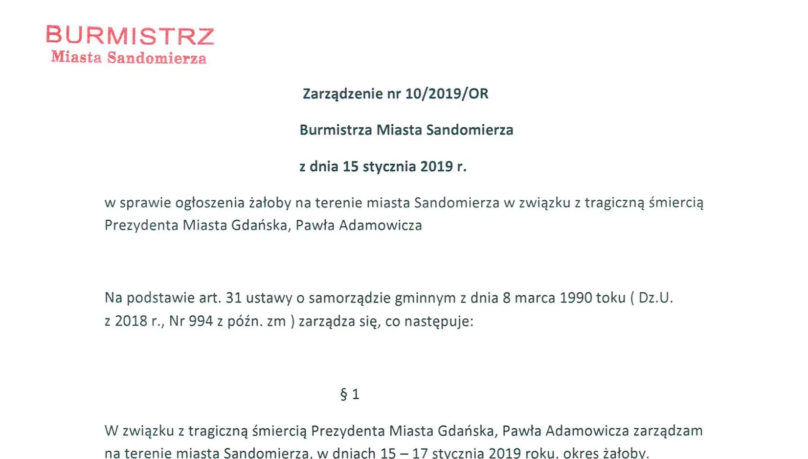 Żałoba w Sandomierzu po śmierci prezydenta Gdańska