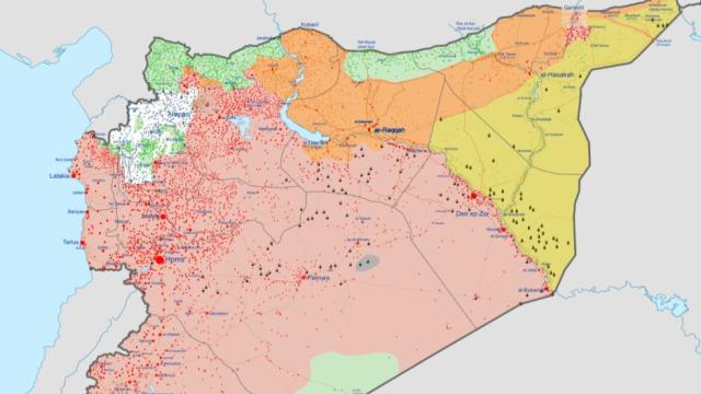 Konflikt w Syrii, stan posiadania na 29.01.2020 (czerwone - siły rządowe, zielone - rebelianci, białe - al-Nursa, szare - dżihadyści, żółte - Kurdowie)