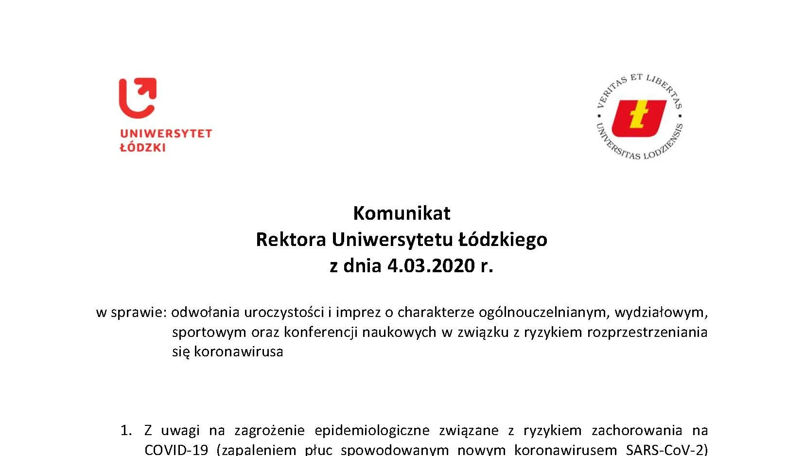 Uniwersytet Łódzki odwołuje zaplanowane wcześniej wydarzenia
