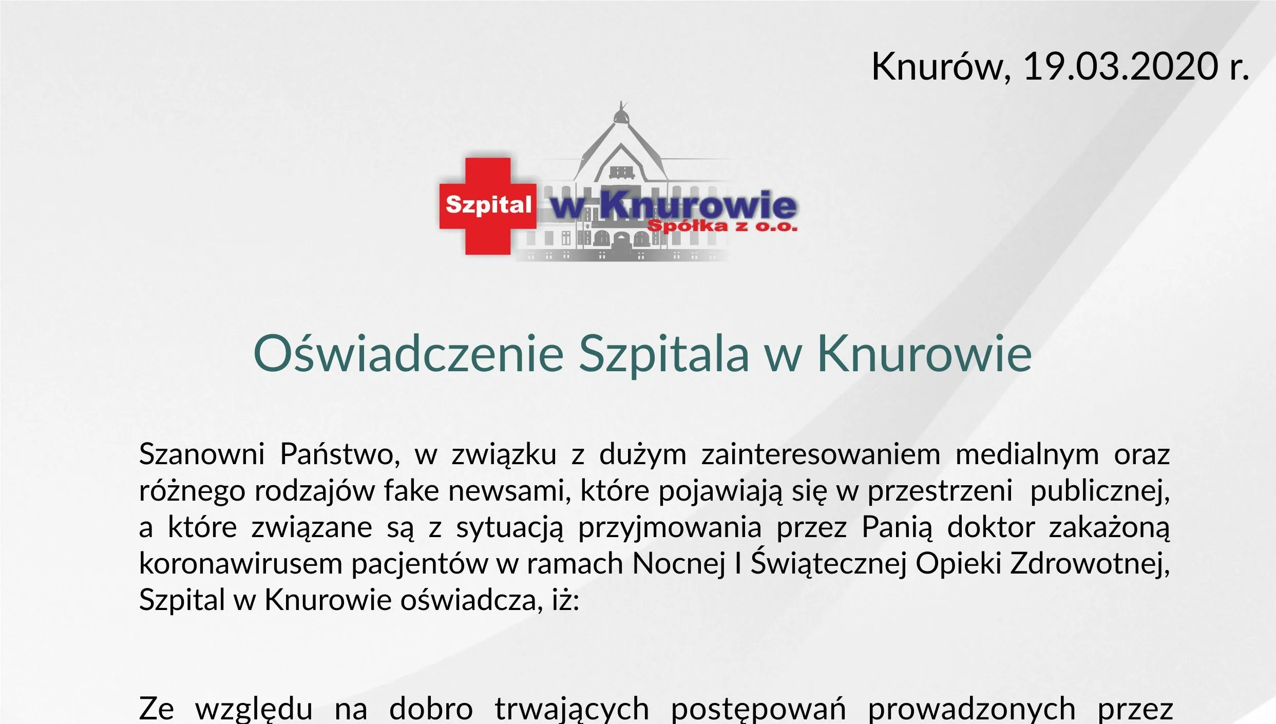 Apel szpitala o zaprzestanie hejtu wobec lekarki