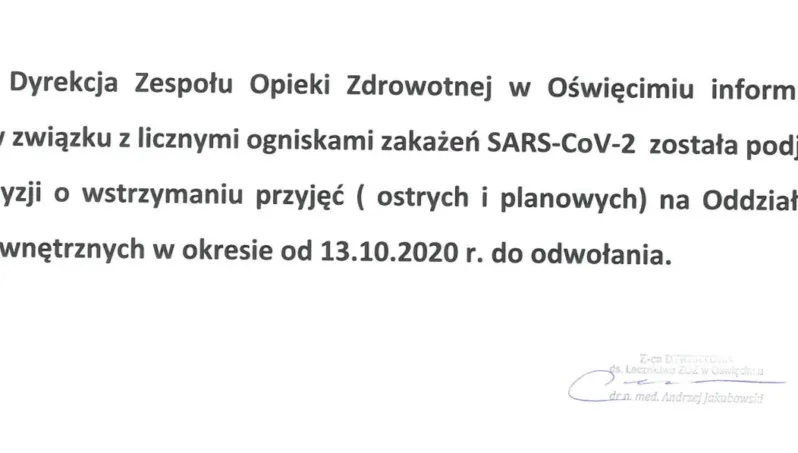 Szpital w Oświęcimiu wstrzymał przyjęcia na oddziały wewnętrzne
