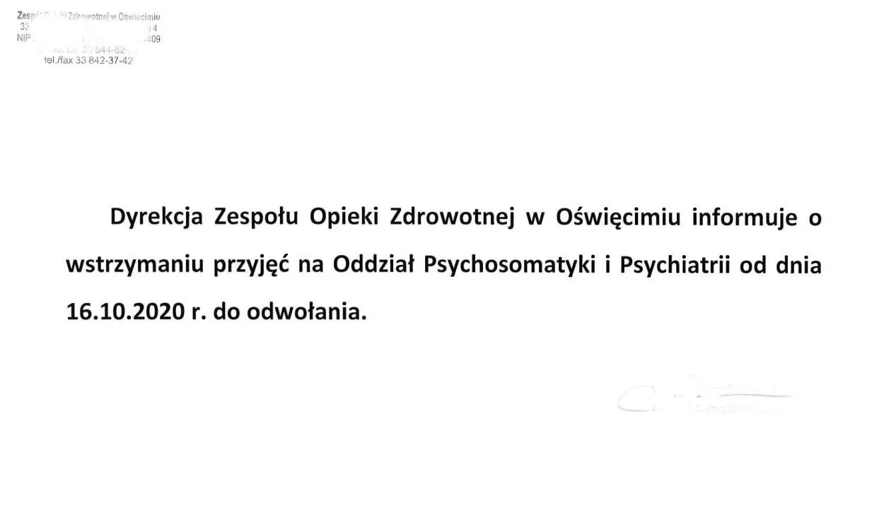 Szpital w Oświęcimiu nie przyjmuje na oddział psychiatrii
