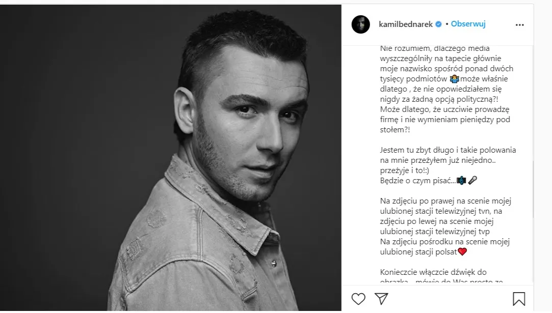 „Wylało się na mnie wiadro pomyj”. Kamil Bednarek odpowiada na hejt