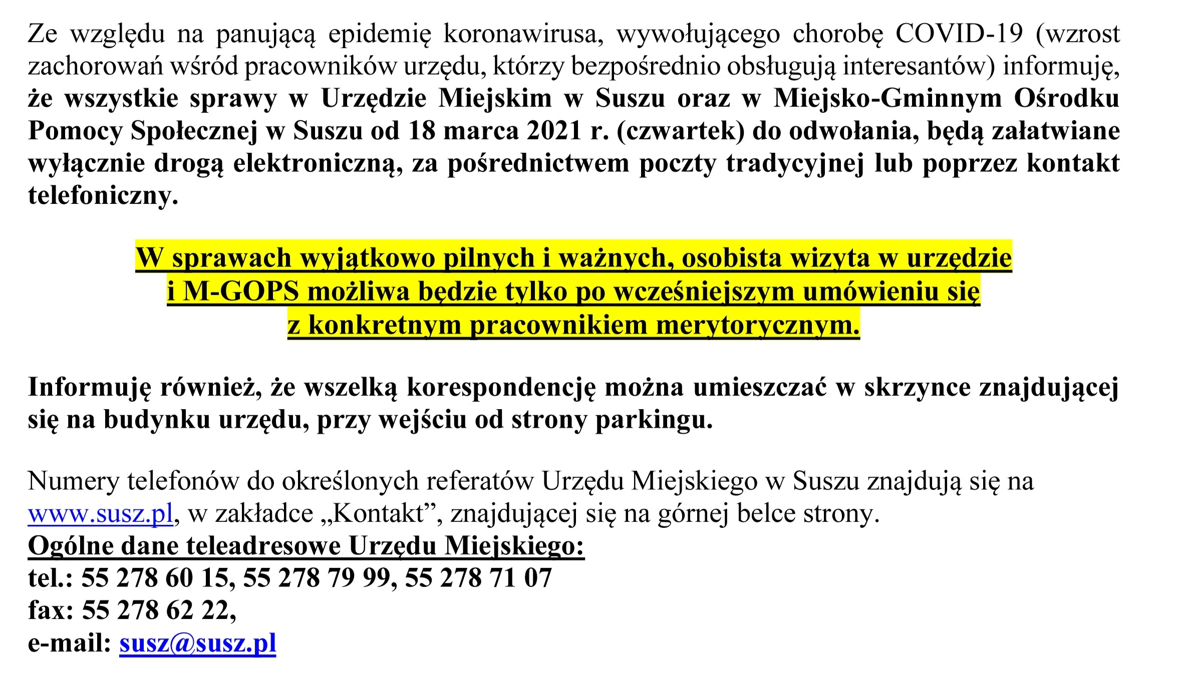 Urząd w Suszu zamknięty w związku z COVID-19