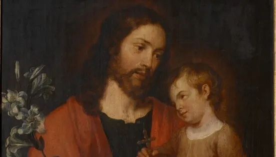 Fragment obrazu Pietera van Linta "Św. Józef trzymający Dzieciątko Jezus"