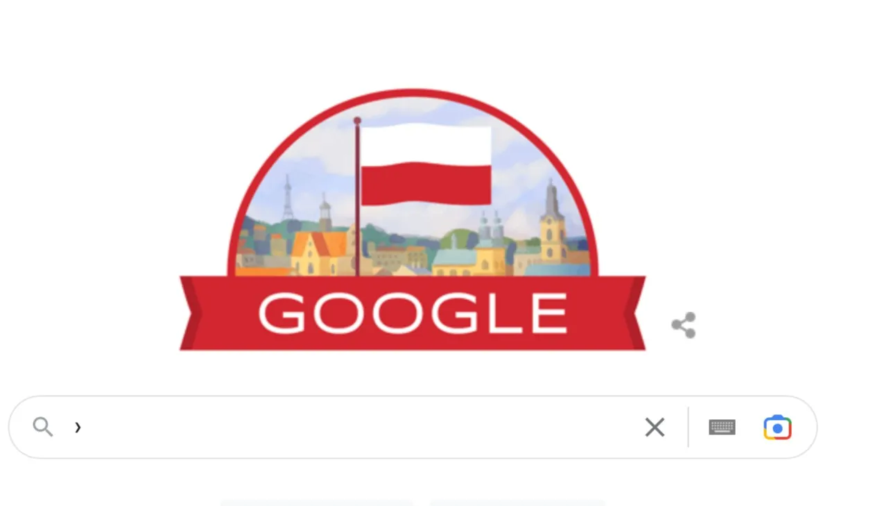 Wyszukiwarka Google zmieniła logo na biało-czerwoną flagę. W tle: Przemyśl. Miasto-symbol pomocy Ukrainie