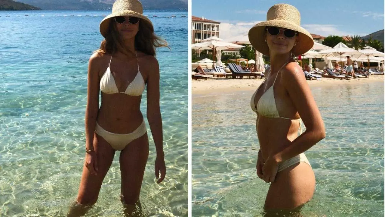 Sandra Kubicka kusi w bikini na czarnogórskiej plaży. Na luksusowy urlop nie pojechała sama