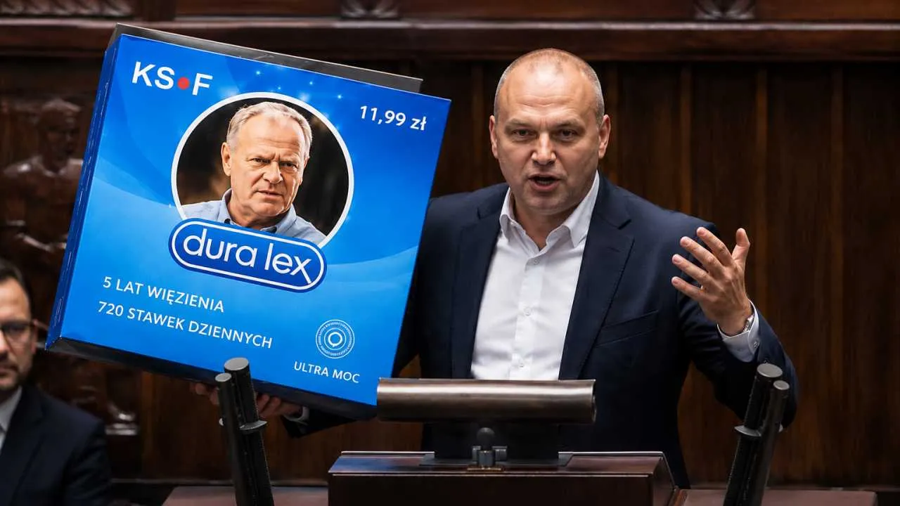 Karton „prezerwatyw” i balon w Sejmie. Poseł Konfederacji uderza w Tuska