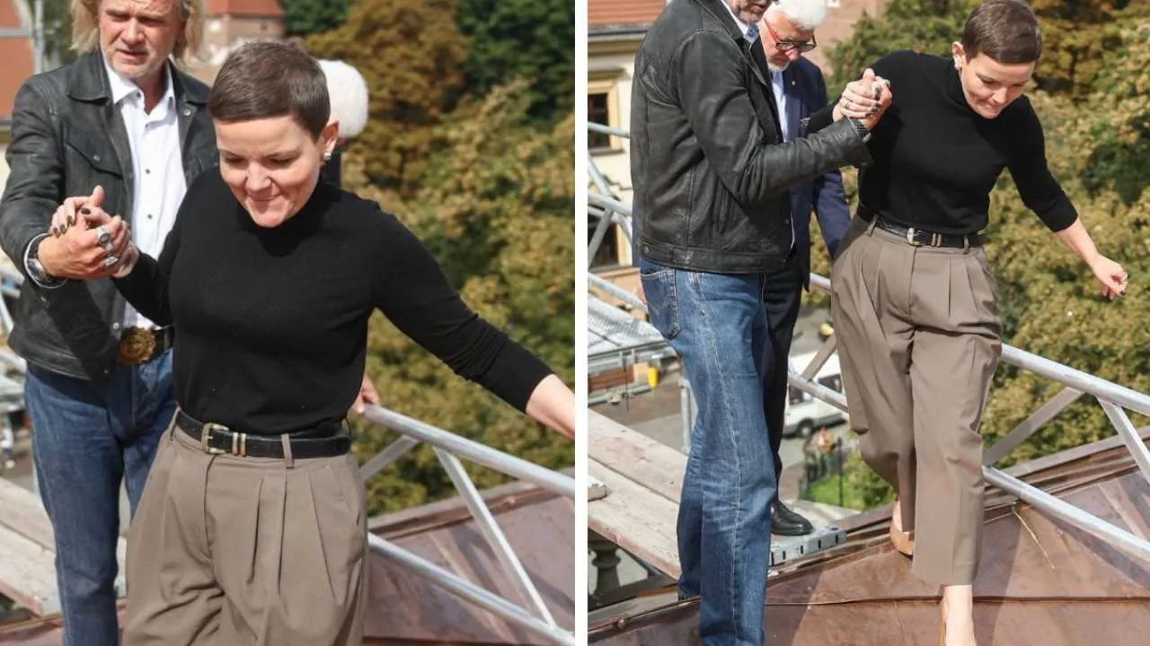 „Ministra” Cienkowska balansuje w szpilkach na dachu
