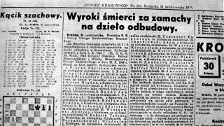 Obwieszczenie o wykonaniu wyroków śmierci za „zamachy na dzieło odbudowy” w codziennej gazecie krakowskiej „Goniec Krakowski” z 1943 roku