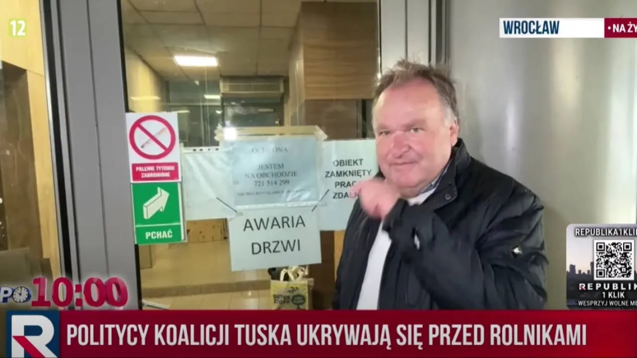 Rolnicy przyszli pod biuro PO we Wrocławiu. Tam dwie kartki: "Awaria drzwi" i "Praca zdalna". Dokleili kolejne