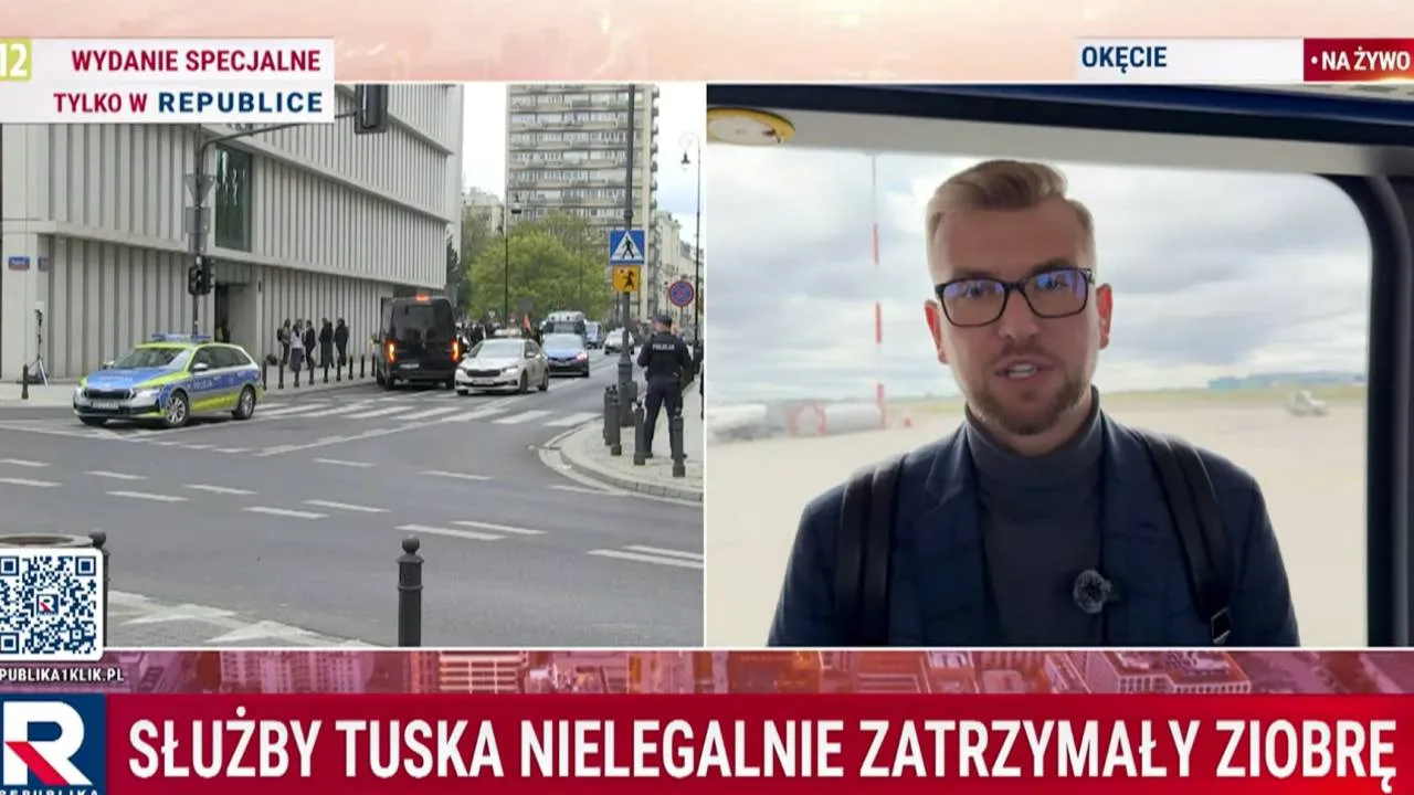 Adrian Borecki, dziennikarz Republiki z relacją z Okęcia
