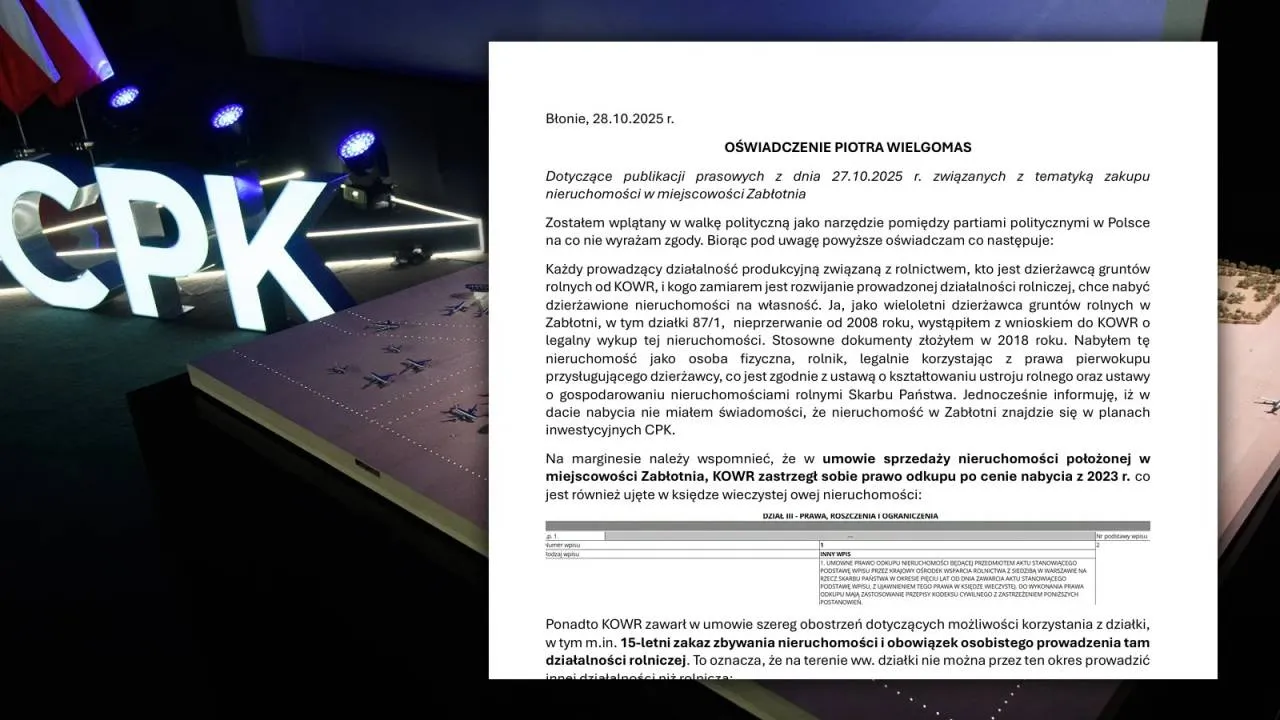 "Padłem ofiarą politycznej gry". Wiceprezes Dawtony: Nie złamałem prawa kupując działkę pod CPK