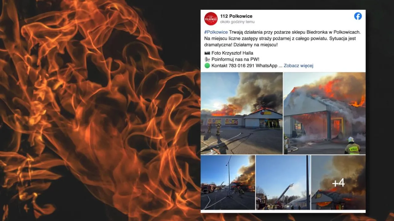 Płonie market w Polkowicach. Ogień zajął cały budynek [ZDJĘCIA]