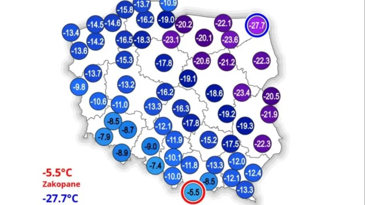 Siarzysty mróz o poranku. Najzimniej na północnym wschodzie. W Suwałkach prawie - 28 st. C