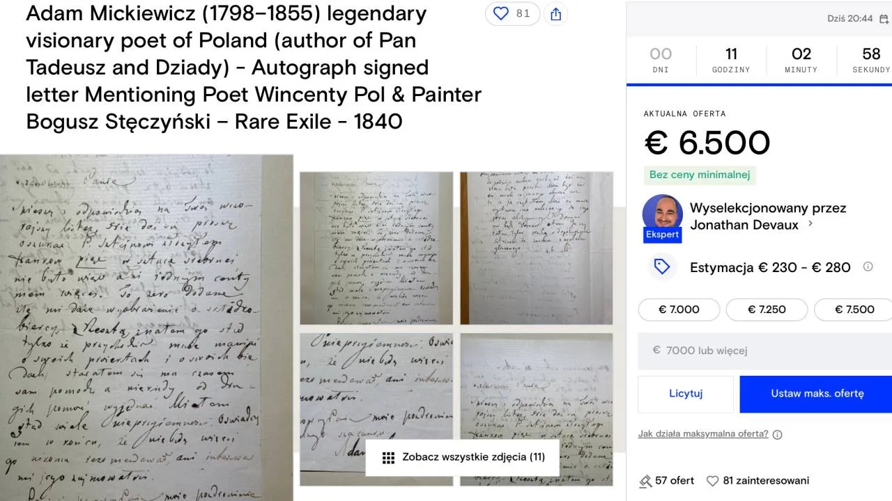 Niemiecka galeria sprzedaje list Mickiewicza. Pilny sygnał do Ministerstwa Kultury