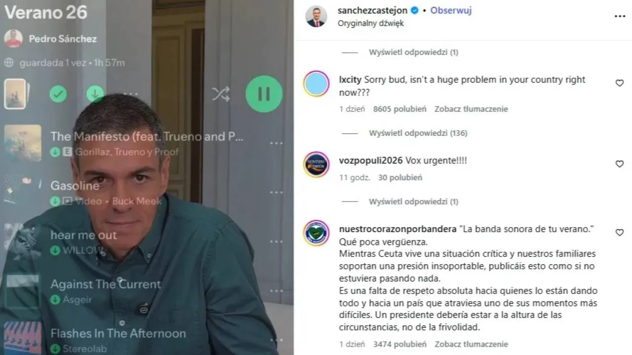 Hiszpania we łzach i w ogniu, a lewicowy premier... chwali się wakacyjną playlistą. Burza w sieci