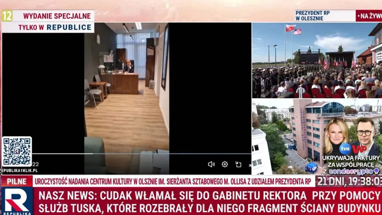 Cudak znalazł się w gabinecie rektora AWS. TV Republika: Rozebrano fragment ściany