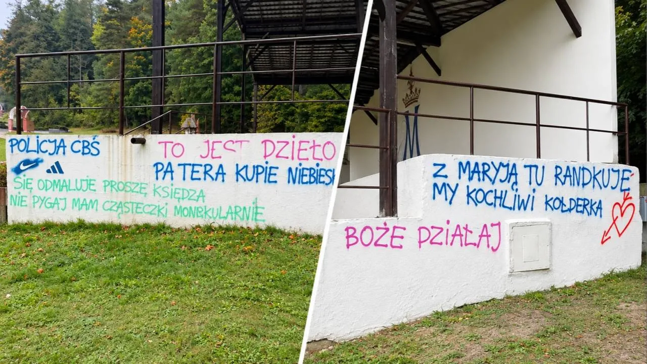 Zdewastowano ołtarz polowy w Gietrzwałdzie. Na miejscu pojawiły się bulwersujące napisy [ZDJĘCIA]