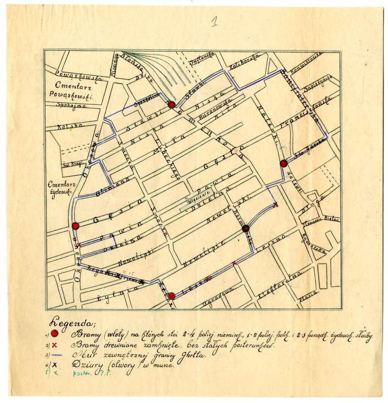 Odręczny plan centrum Warszawy. Obszar getta zaznaczony kolorem niebieskim