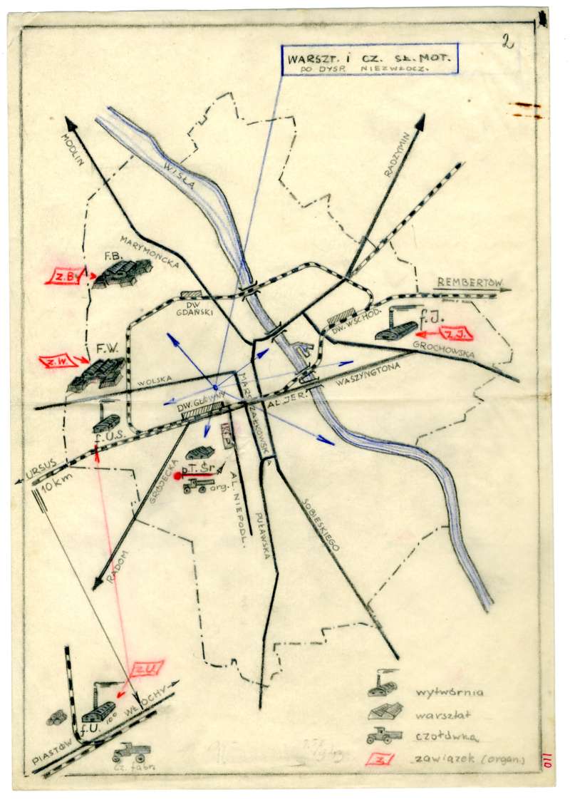 Plan operacyjny Warszawy z zaznaczonymi warsztatami i czołówkami służby motorowej