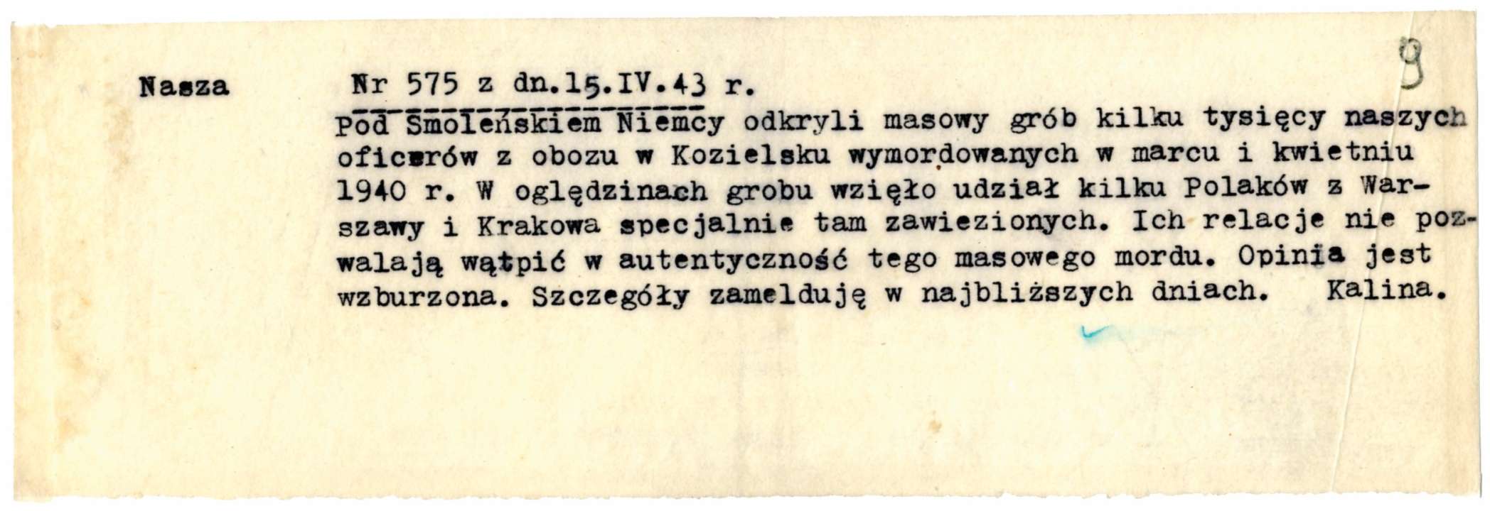 Depesza gen. Stefana Roweckiego „Kalina” do Naczelnego Wodza gen. Władysława Sikorskiego o atmosferze w kraju