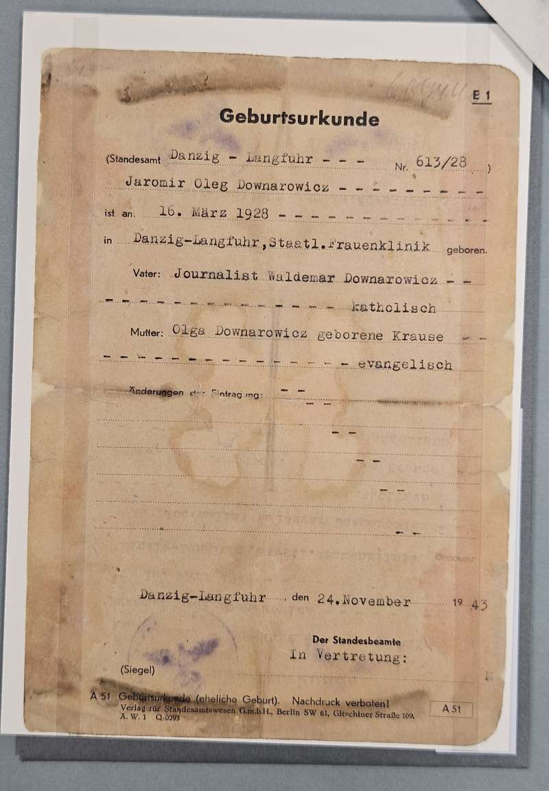 Akt urodzenia, wystawiony przez władze niemieckie w Gdańsku