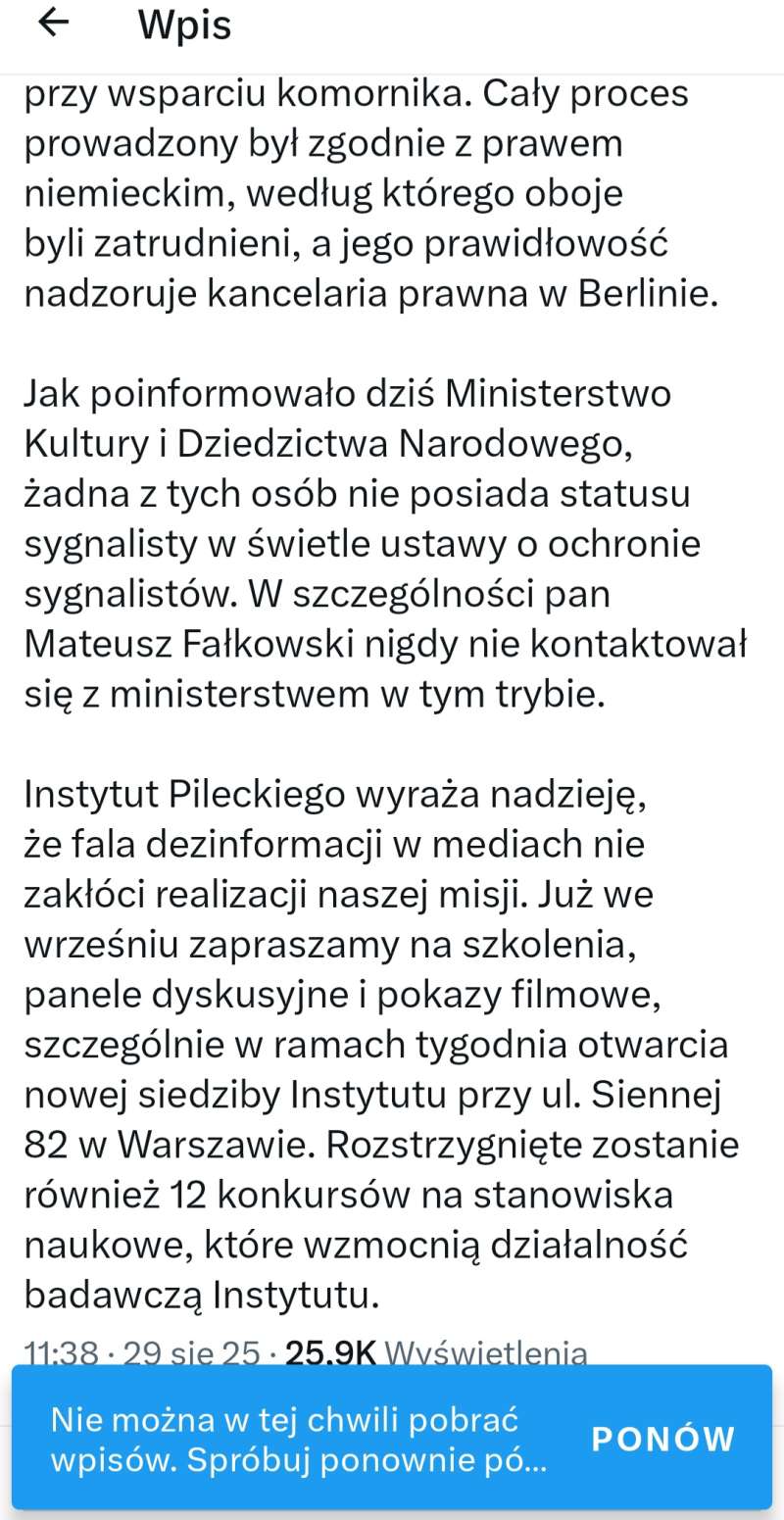 Skasowane oświadczenie Instytutu Pileckiego