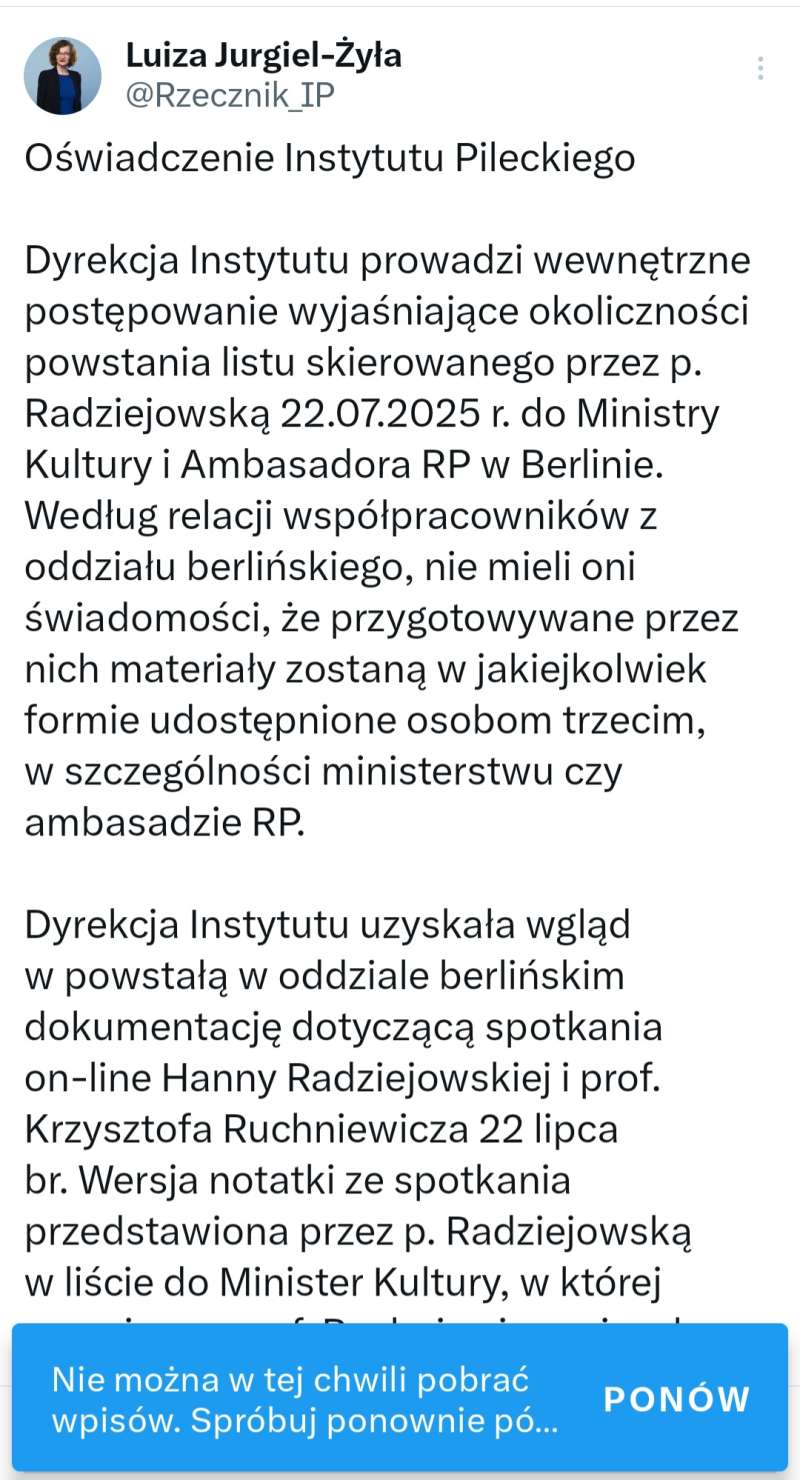 Skasowane oświadczenie Instytutu Pileckiego