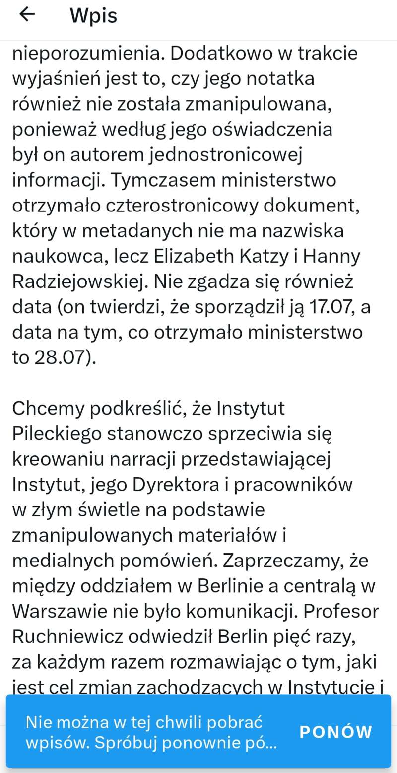 Skasowane oświadczenie Instytutu Pileckiego