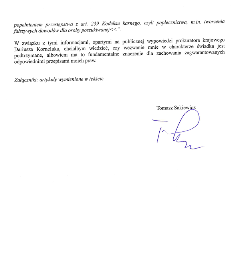 Pismo Tomasza Sakiewicza