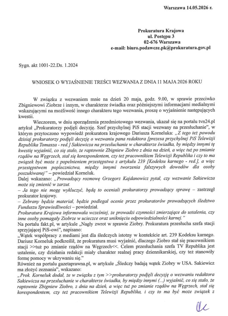 Pismo Tomasza Sakiewicza